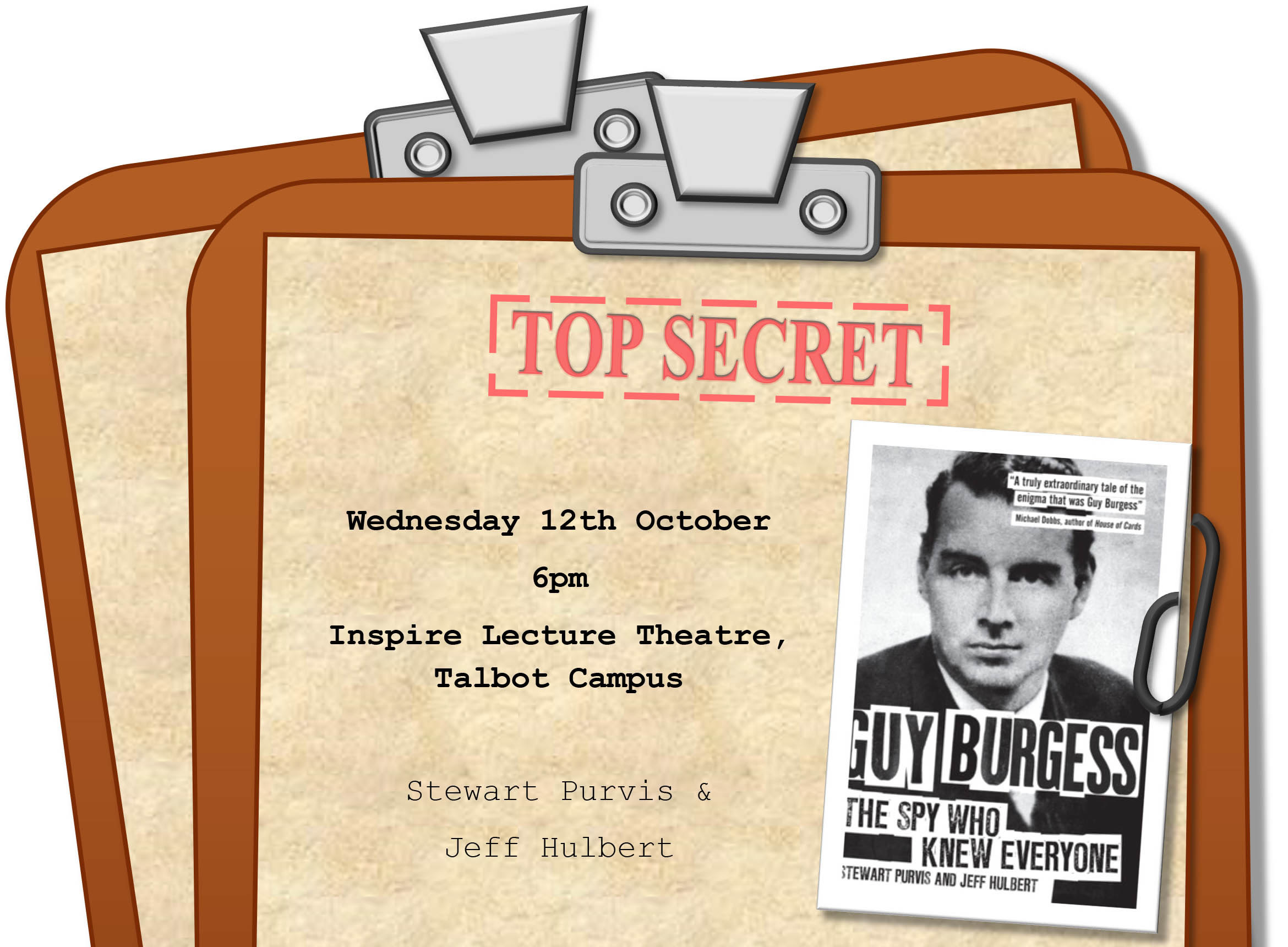 Picture of a young Guy Burgess on a cartoon top secret clipboard