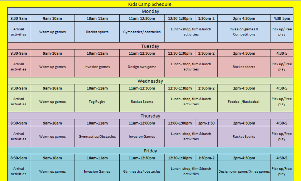 A graphic featuring an example of our weekly kids camps template