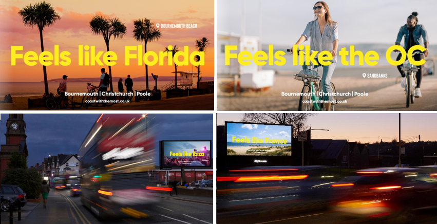 Posters of images from around Bournemouth and Poole reading 'Feels like Florida' and 'Feels like the OC'