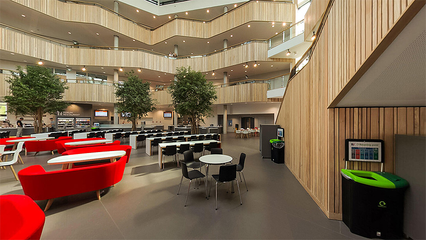 The Fusion Building Atrium contains a cafe and plenty of comfy seating –  ideal for informal get-togethers or group work