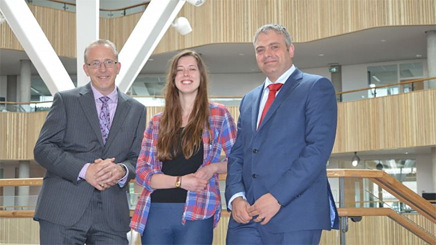 From left to right: Vice-Chancellor Professor John Vinney, then SUBU President Chloe Schendel-Wilson and Chief Operating Officer Jim Andrews at the opening of The Fusion Building in 2016