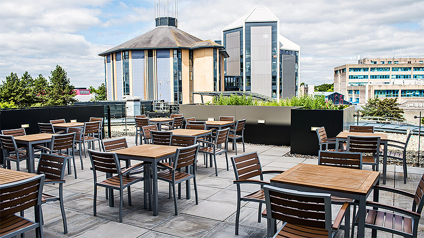 This is one of two terraces, both of which offer great views of Talbot Campus and the chance to enjoy some downtime and fresh air.