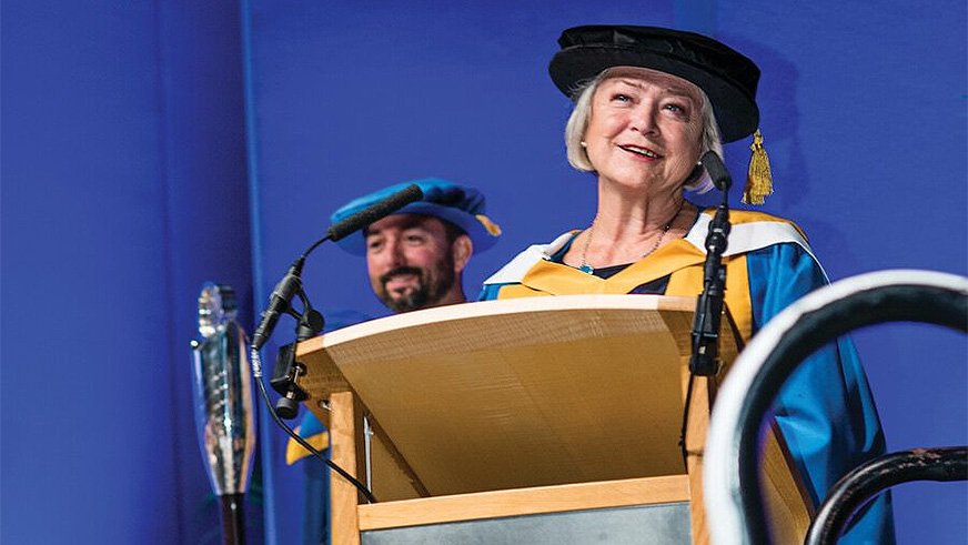 Kate Adie speaking at a BU graduation ceremony. The Chancellor is the ceremonial head of the university and Kate's most public role is to preside over BU's annual graduation ceremonies
