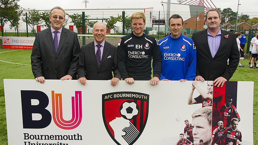 BU's John Vinney, Vice-Chancellor; Jess Mostyn, AFC Bournemouth Chairman; Eddie Howe, ex AFC Bournemouth Manager; Steve Cuss, AFC Bournemouth Women's Manager; Ian Jones, BU's Head of External Engagement at the official signing of the partnership