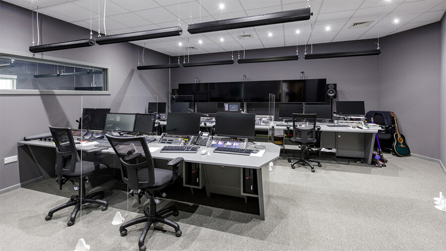 One of the media production rooms in our Poole Gateway Building. Its home to a range of industry-standard facilities and equipment, so that students can translate what they've learnt in lectures and seminars into real-life scenarios