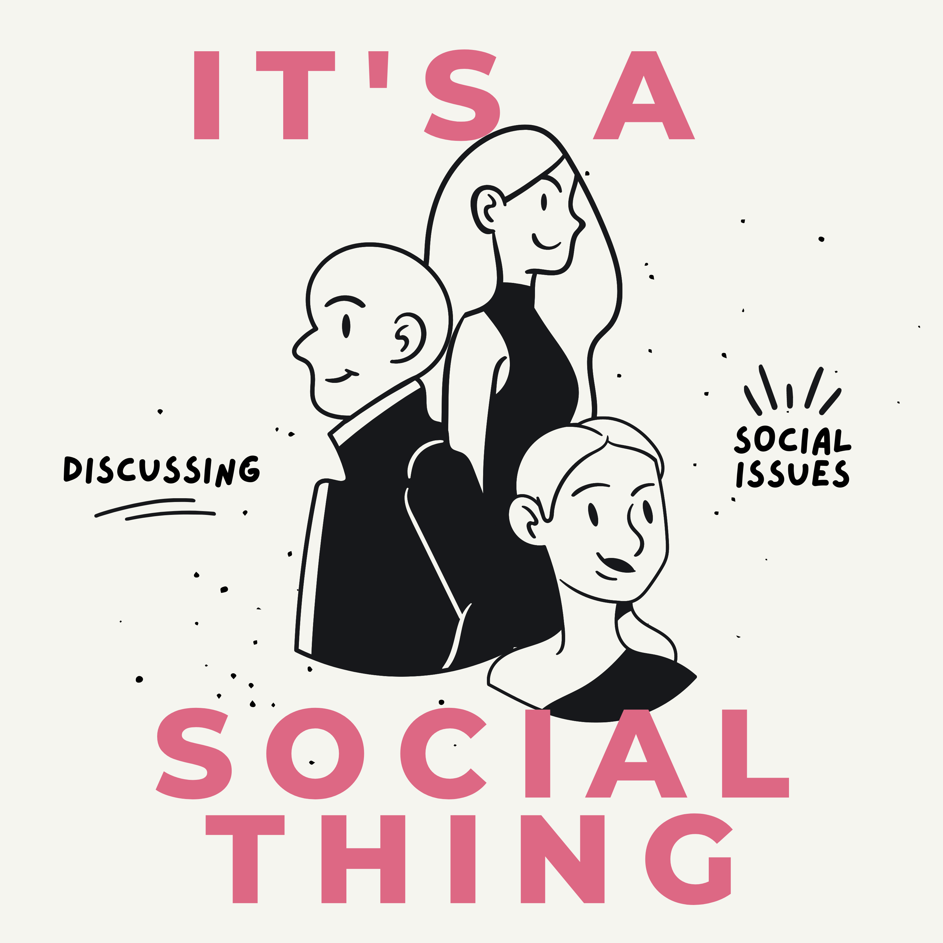 The 'cover' image for It's A Social Thing, a podcast created by a BU student, featuring cartoon images of people talking