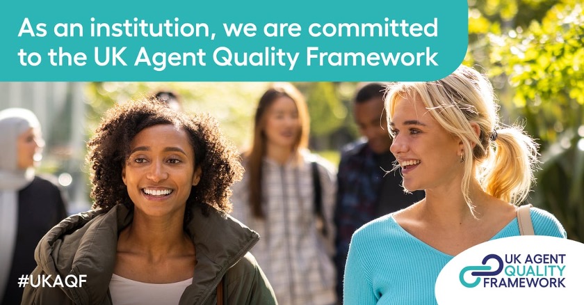 UK UK Agent Quality Framework logo, with text reading, 'As an institution, we are committed to the UK Agent Quality Framework'