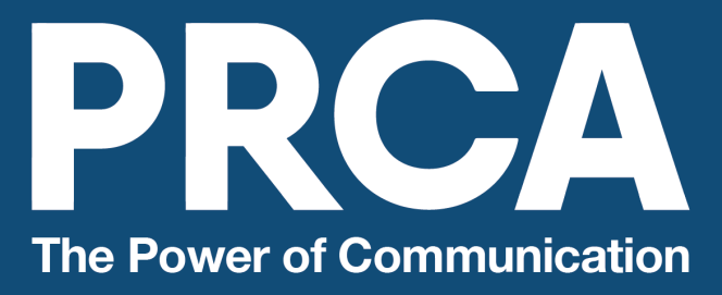The PRCA ((Public Relations and Communications Association) logo. The Power of Communication is underneath. The logo is white writing on a blue background