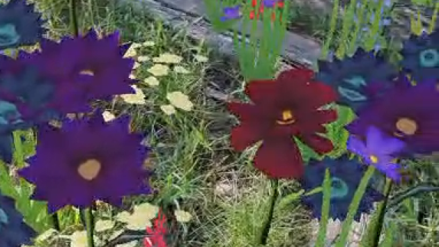 an augmented reality view on a mobile phone screen showing a real stone with animated images of flowers around it