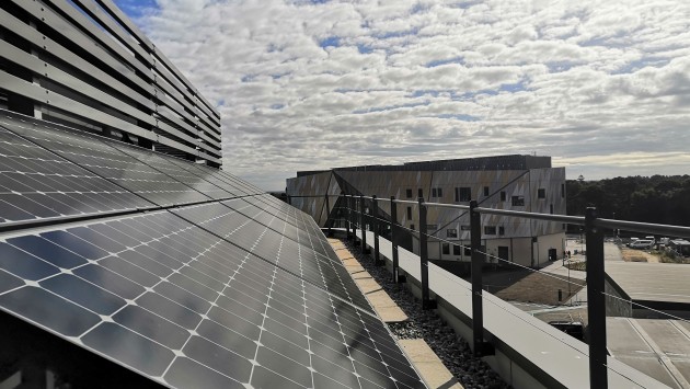 Our Poole Gateway Building on Talbot Campus, viewed here from the solar panels on the top of the Fusion Building, has the BREEAM 'excellent' sustainability standard 