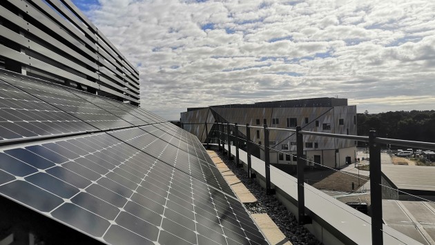 Our Poole Gateway Building on Talbot Campus, viewed here from the solar panels on the top of the Fusion Building, has the BREEAM 'excellent' sustainability standard