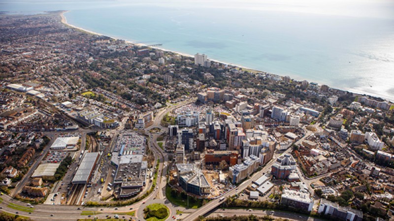 Aerial shot of Bournemouth, including our Lansdowne Campus, looking out to sea