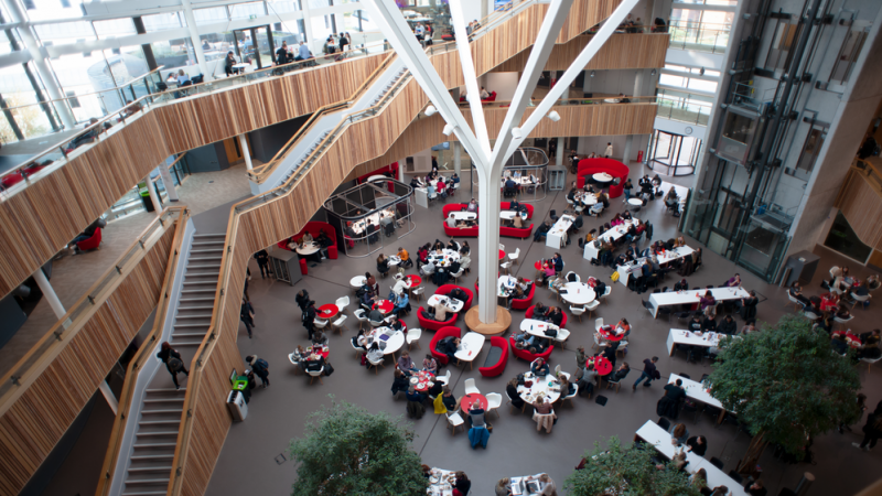 Inside the Fusion Building, which features 27 seminar rooms, three lecture theatres, research space, a 24-station PC laboratory, rooftop terraces and numerous catering facilities, topped with a glass-domed roof. The building has achieved an Energy Performance Certificate rating of A and BREEAM Excellent; it features a range of the latest technologies designed to reduce its environmental impact.