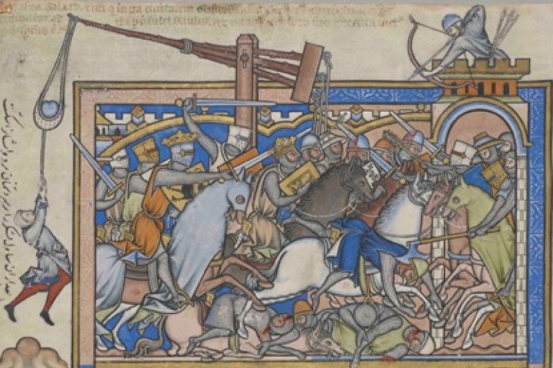 13th century manuscript showing medieval knights fighting in armour, with wounds similar to those in the mass graves