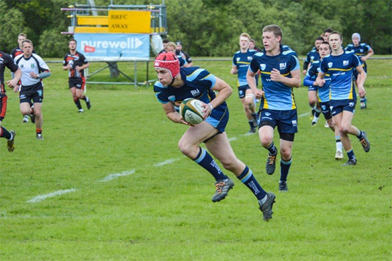 Our men's rugby team playing a competitive game. We have two performance sport rugby teams (one men's and one women's) who play in the BUCS rugby union leagues