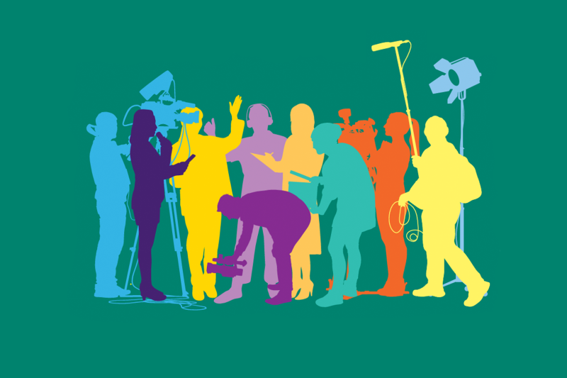 Different coloured silhouettes of people with broadcasting equipment