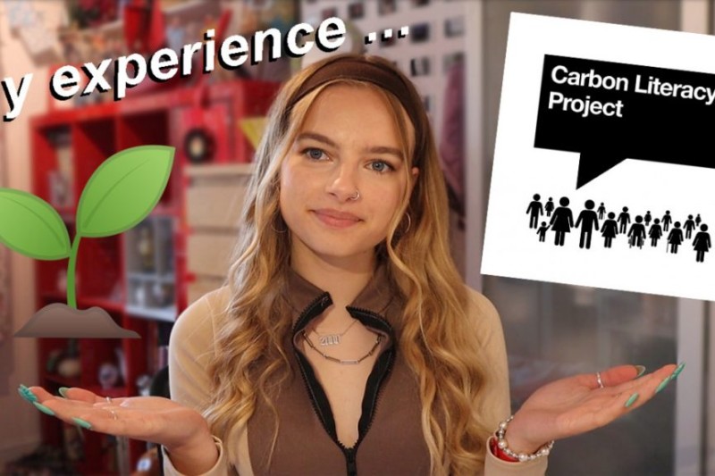 BU vlogger Emily with a speech bubble reading 'Carbon Literacy Project'