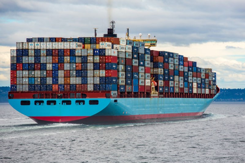 A laden container ship on the sea