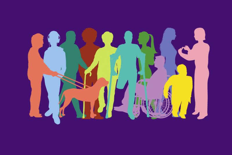 Different coloured silhouettes of people with various disabilities