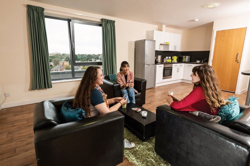 Each flat, comprising three to seven ensuite rooms, has a communal kitchen and living area, complete with comfy seats, a breakfast bar, storage cupboards and all the appliances you’ll need