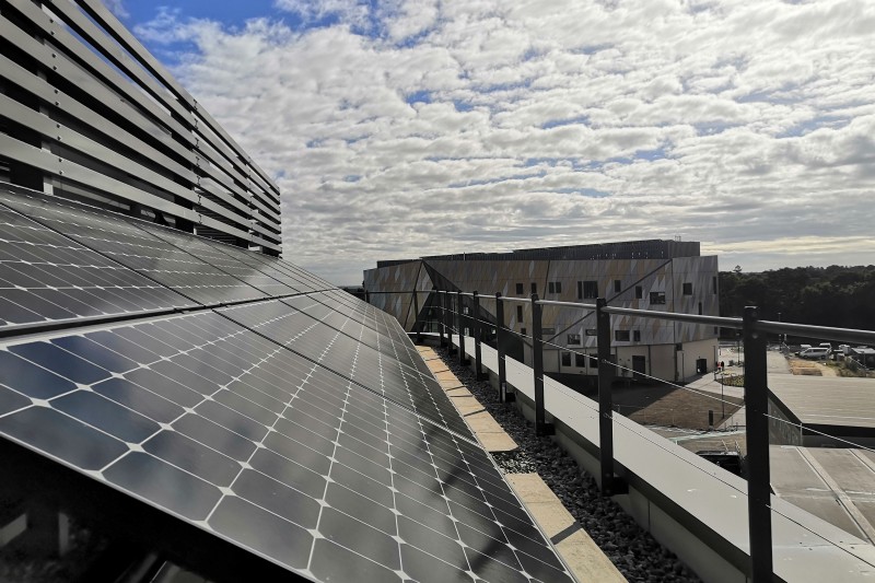 Our Poole Gateway Building on Talbot Campus, viewed here from the solar panels on the top of the Fusion Building, has the BREEAM 'excellent' sustainability standard 