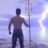 Computer animation showing the back of a man holding a trident, looking out to sea with a striking in the background