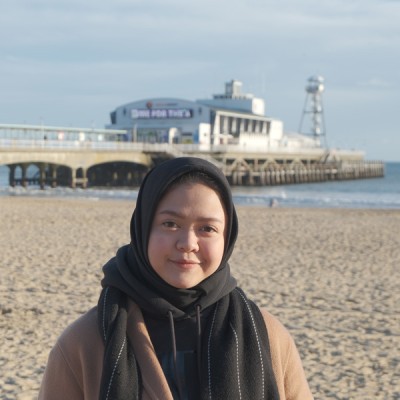 Tika Nur, a BU student from Indonesia Tika Nur, a BU student from Indonesia, on Bournemouth beach with the pier in the background