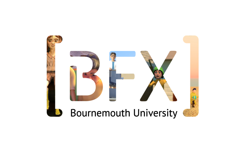 The letters BFX are filled in with various images from the previous years BFX Competition animations. Different characters and scenes show in the lettering. underneath the letters are the words Bournemouth University.