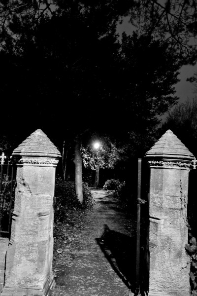 Black and white photo of stone posts leading to dark path and lit lamp post