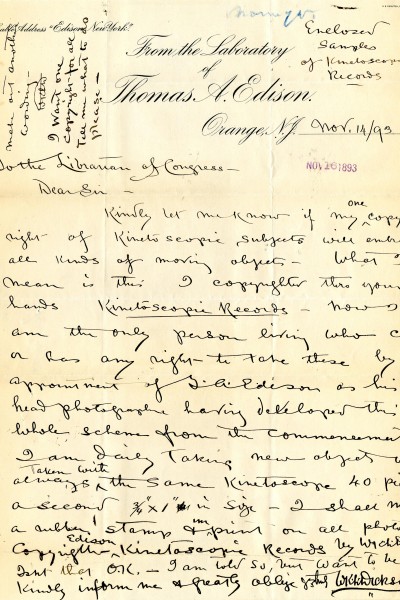 A letter which looks very old on weathered paper and full of handwriting. The letter is from a filmmaker to the copyright office, asking for an update on his copyright application
