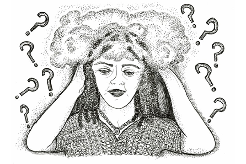 A pencil drawing of a lady with question marks around her head