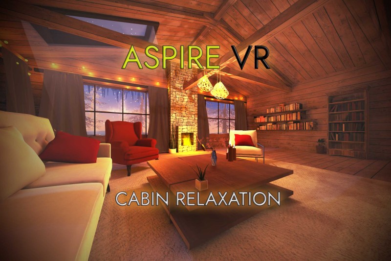 A screenshot from the VR application showing the inside of a wooden cabin with sofas