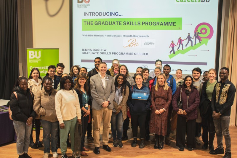 Local businesses and BU students gather on stage to help launch this year's Graduate Skills Programme Local businesses and BU students help launch this year's Graduate Skills Programme