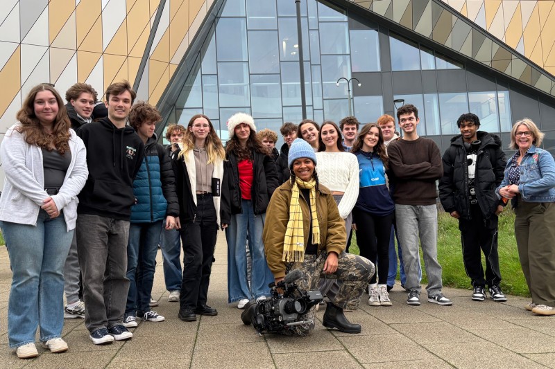 Students and Strictly TV crew outside the Poole Gateway Building