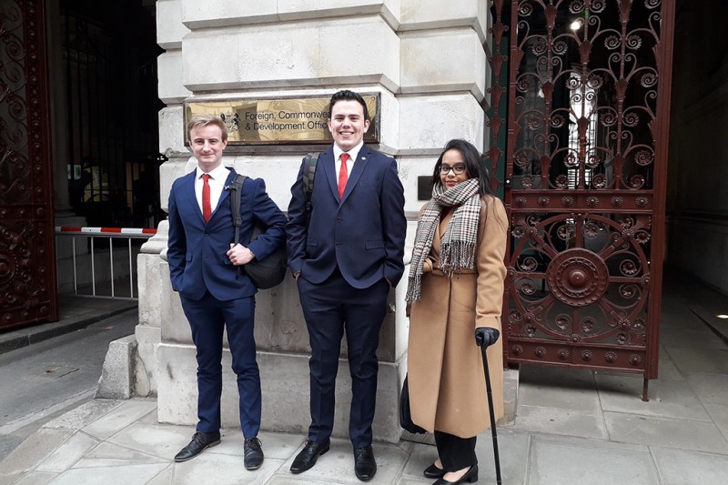 FCDO front The three BU students standing outside the front of the Foreign Office