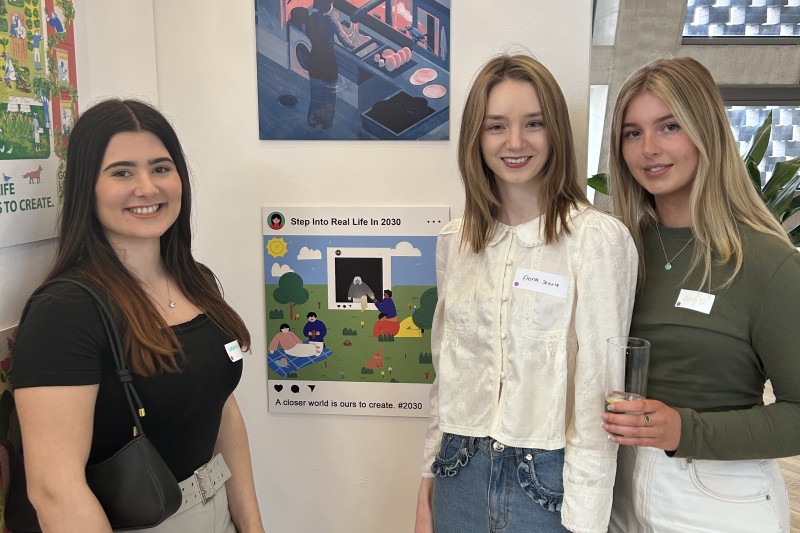 Beth, Fiona, Gabriella Gabriella, Beth and Fiona, standing by their artwork looking towards the camera