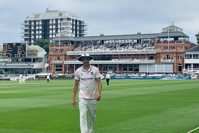 Bradley Currie Lords Bradley Currie on Lords Cricket ground in his Sussex kit with the famous pavilion in the background