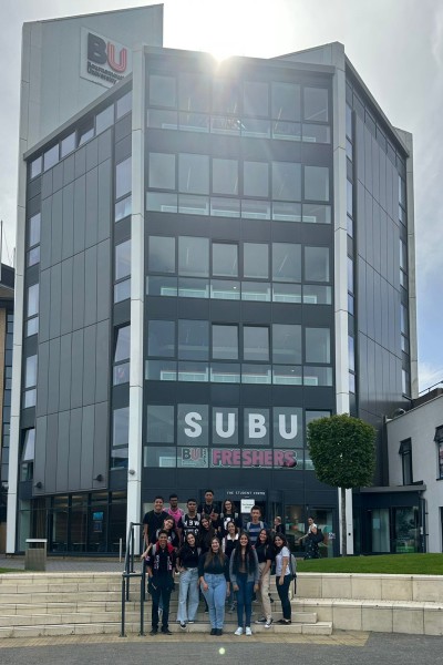 Students from Brazil in front of the BU SUBU building