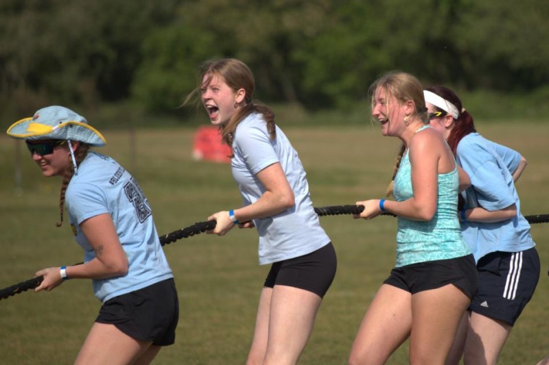 Female students competing in a tug of war