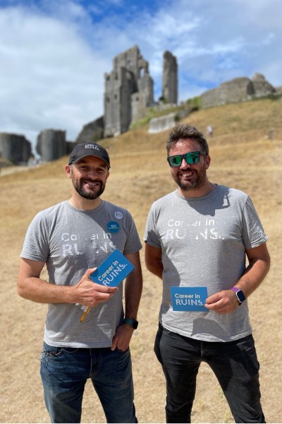 Derek and Lawrences standing in front of Corfe Castle