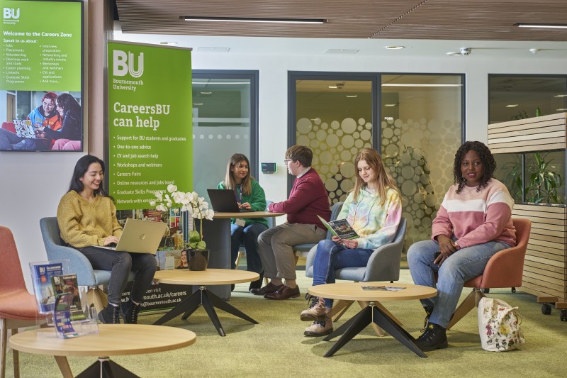 Five students sat in Careers Zone, Talbot Campus