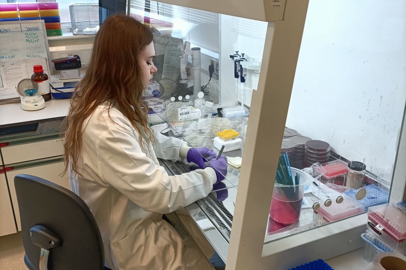 A student in a lab with an array of glass beakers and scientific instruments on her workspace.