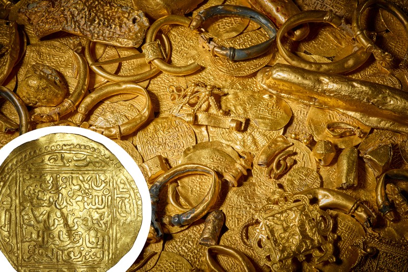Some of the 400 gold coins found and a close up image of one coin