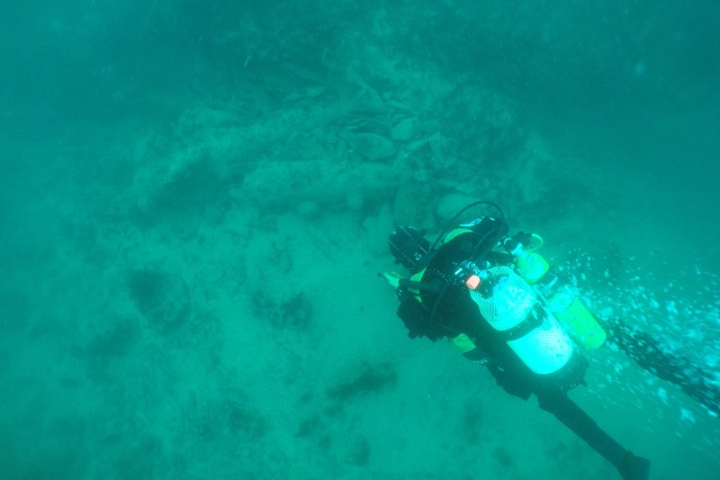 Photo of diver looking above the wreck of the ship's cannons on the sea bed