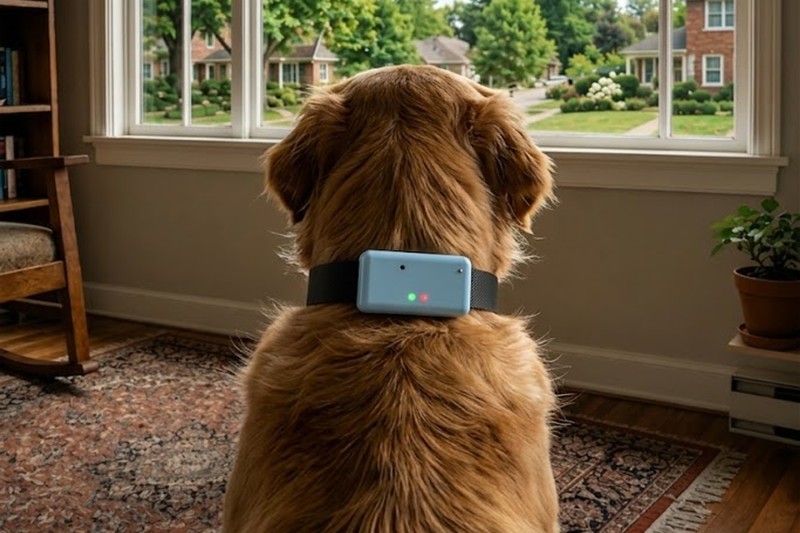 Picture of a dog from behind with collar and sensor on back of neck