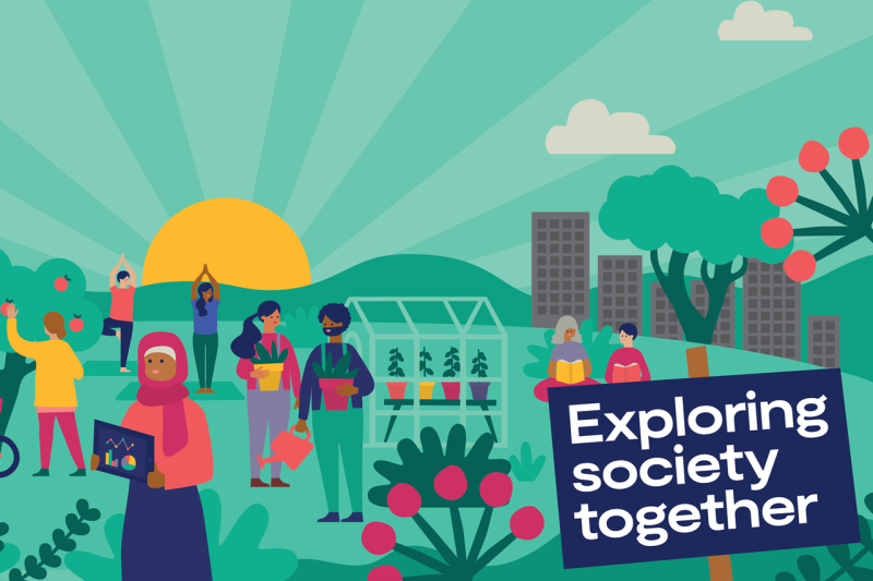 ESRC Festival of Social Sciences 2023 An illustration of different groups of people in a field with the text Exploring Society Together