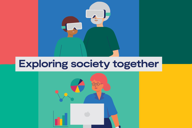 ESRC Festival 2024 Cartoon illustrations accompanied by the words 'Exploring Society Together'
