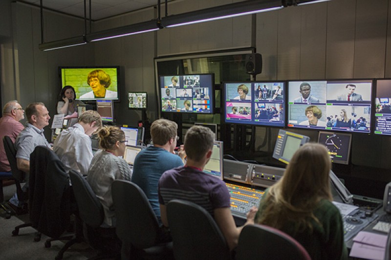 Election coverage production team in TV studio