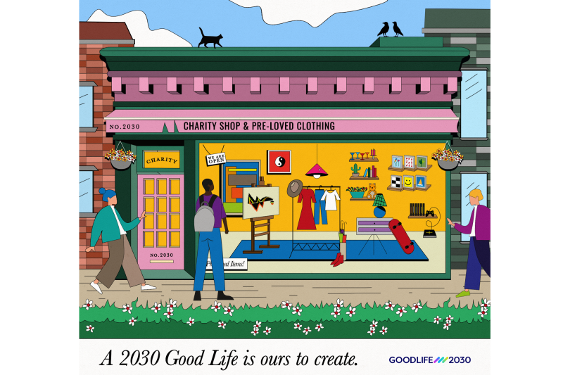an animated image of a charity shop, stylishly decorated with a number of attractive items in the shop window