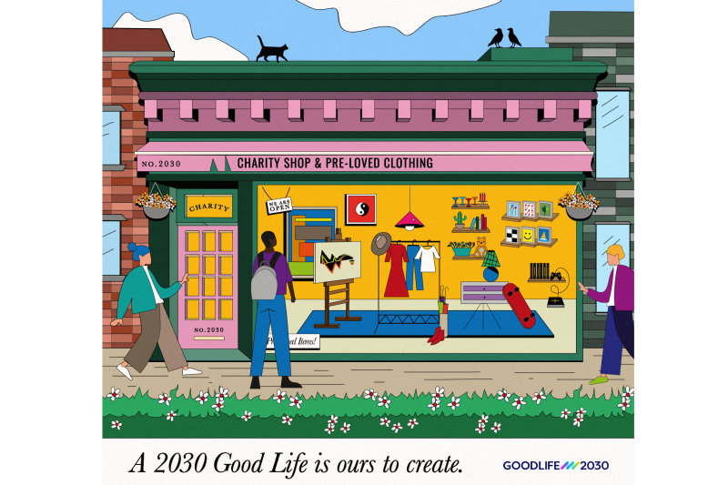 Earth Day Artwork an animated image of a charity shop, stylishly decorated with a number of attractive items in the shop window